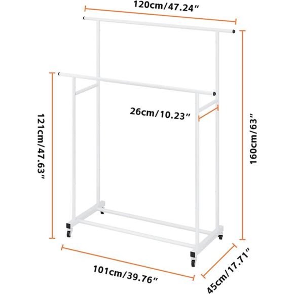 Double Rod Clothing Garment Rack, Rolling Hanging Clothes Rack, Portable White - Picture 2 of 7